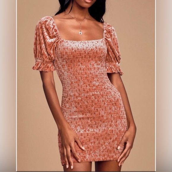 Lulus My Fleur-Ever Rusty Rose Floral Print Velvet Smocked Mini Dress XL NWT - Picture 1 of 14